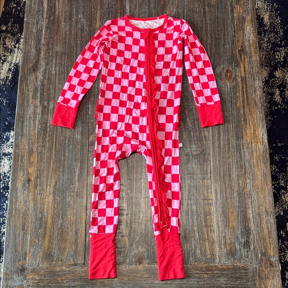 Girls Pink & Red Bamboo Checkered Footed One-Piece